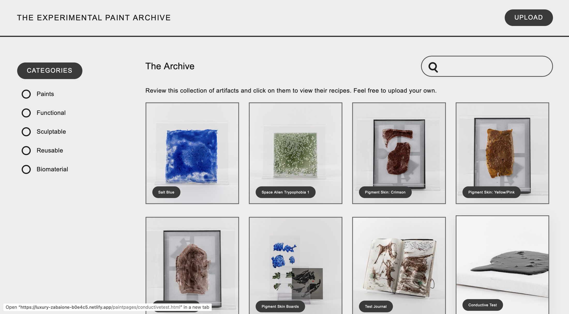 The archive website: a grid of material samples.