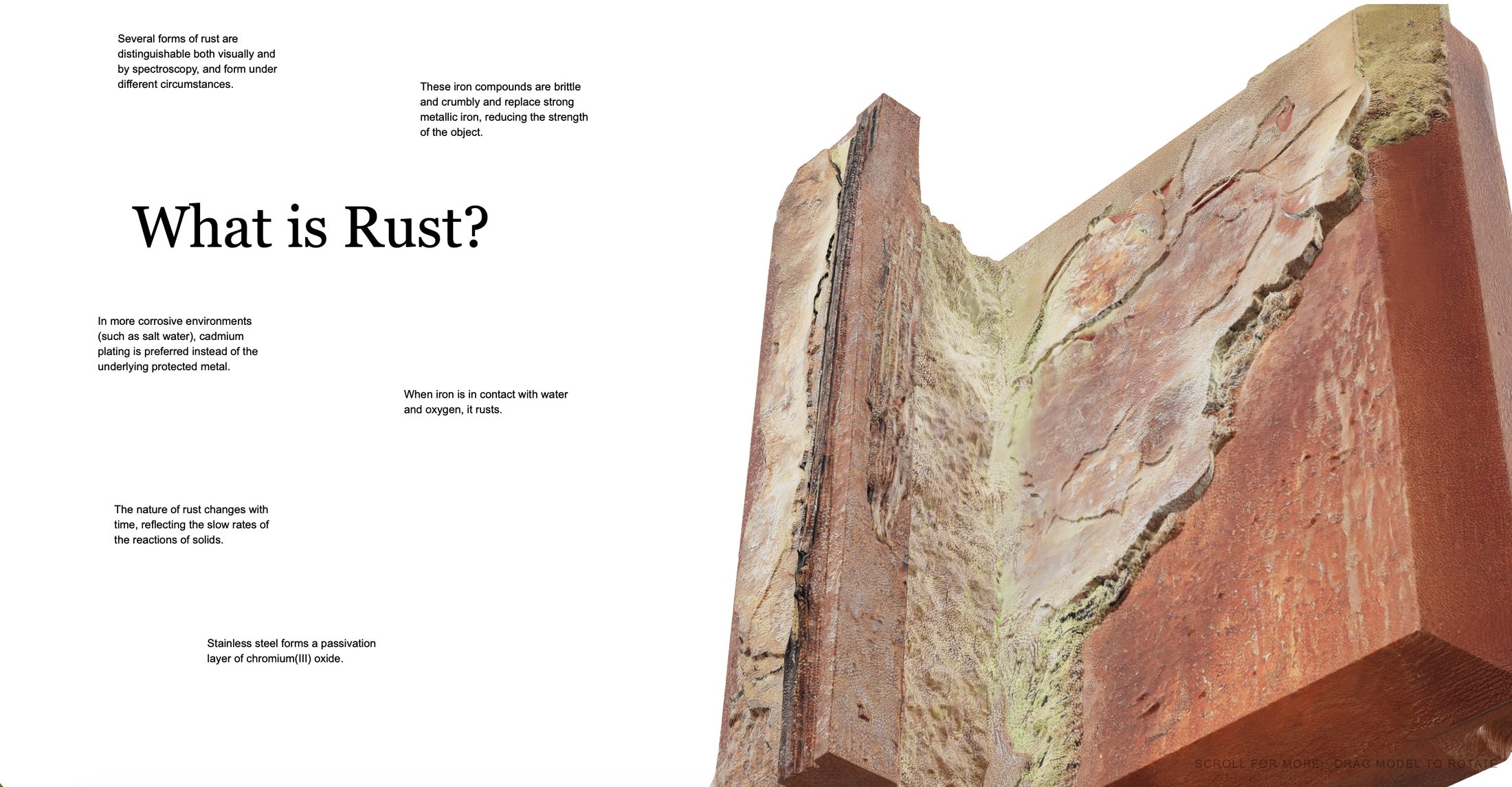 A 3D-scanned rusted steel fragment beside the title What is Rust?